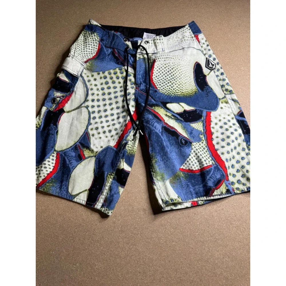 Y2k Volcom Stone Boardwear Mens Board Shorts Blue Abstract Graphic Print Size 28
